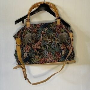 Club A Handbag Signature Jungle Fabric Bamboo Handles Crossbody Strap 17x14x8".